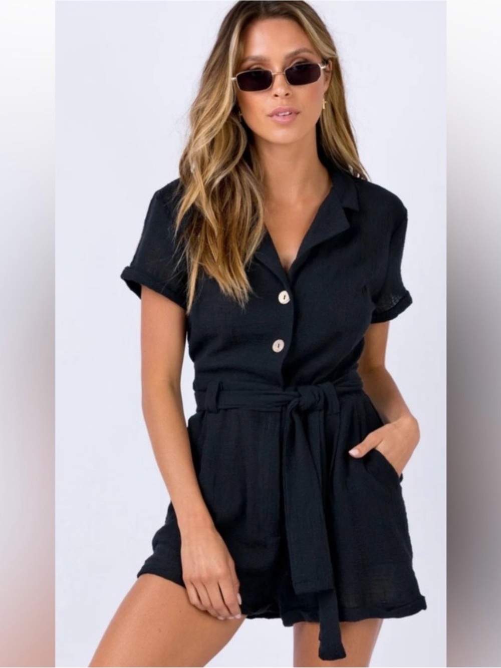 Princess Polly Ashens Black Button-Front Short Sleeve Romper with Tie Waist